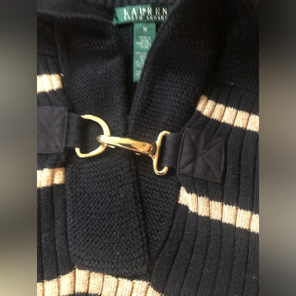 Lauren Ralph Lauren Black &Metallic Gold Striped Collared Latch Thick Knit Swtr - Picture 3 of 12